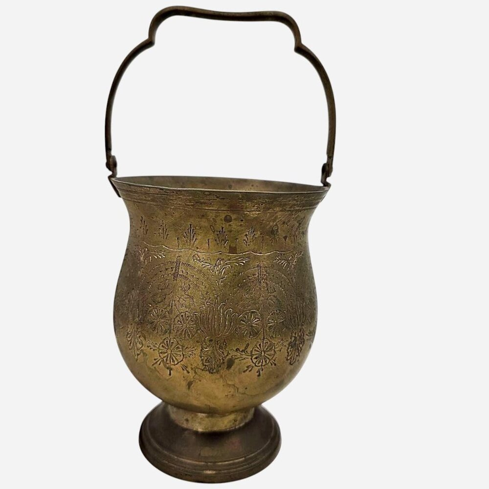 Antique Middle Eastern Arabic Brass Silver Metal Cauldron Vessel Symbols